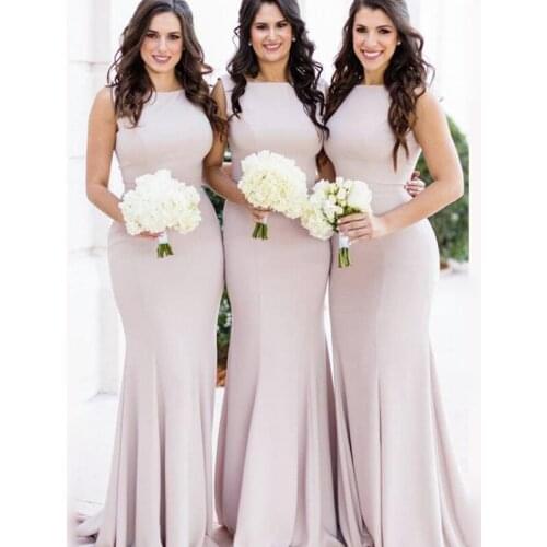 Elegant Pink Purple Long Sleeveless Elastic Satin Bridesmaid Dresses Formal Prom Dresses Gowns with Sweep Train