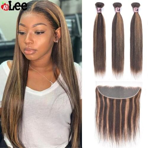 AliLee Highlight Colored Malaysian Ombre Hair Bundles With Frontal P4/30 Remy Straight Human Hair Bundles With Frontal
