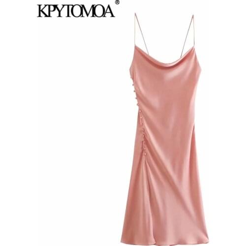KPYTOMOA Women 2021 Fashion With Buttons Soft Touch Slit Midi Dress Vintage Backless Thin Straps Female Dresses Vestidos Mujer