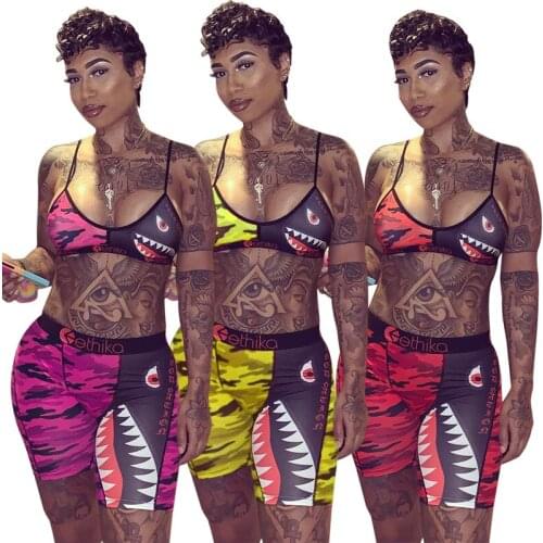 Echoine Summer Sexy Colorful Printed Two Piece Set Spaghetti Strap Sleeveless Crop Top And Sheath Short Pants Party Tracksuit