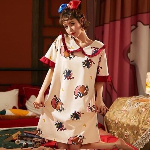 Summer Pajamas Cotton Short Sleeve Cartoon Thin Nightgown Leisure Household Lovely Female Sleepwear Set