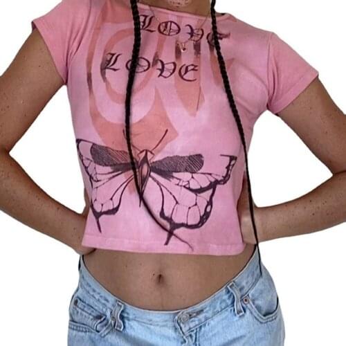 Pink Cute Y2K Tops Summer 2021 Butterfly Print Kawaii Graphic T Shirts Women O Neck Short Sleeve Casual Cropped Tees