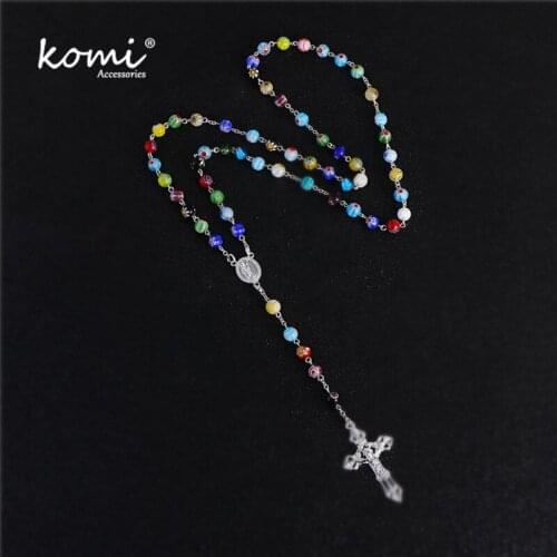 KOMi New Fashion 8mm Colorful Glass Bead Cross Pendant Necklace Bracelet Set Religious Rosary Catholic Jewelry Gift R-132