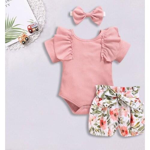0-18M Newborn Baby Clothes Outfits Ruffles Sleeve Romper Tops Floral Shorts With Belt Headband 3Pcs Summer Clothing