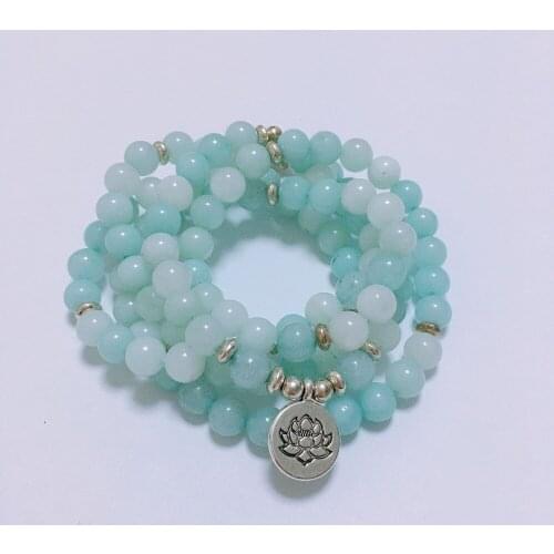 HFANCYW Wholesale Fashion Womens Natural 8mm Amazonite Beads Bracelet 108 Mala Long Yoga Healing Necklace with Lotus Pendant