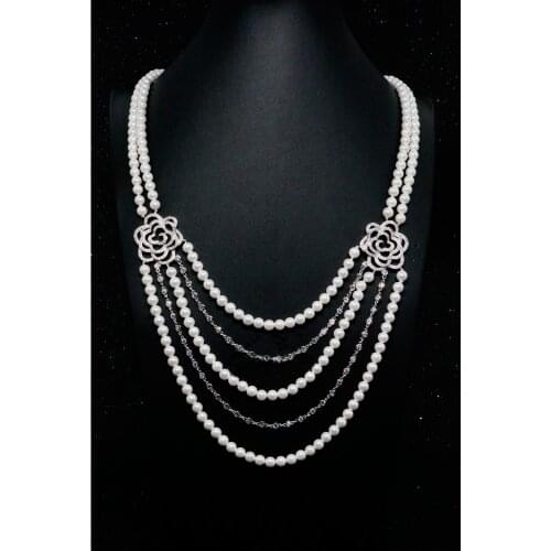 Natural Pearl 20" 2 Rows White Pearl Necklace White Round Pearl CZ Pendant
