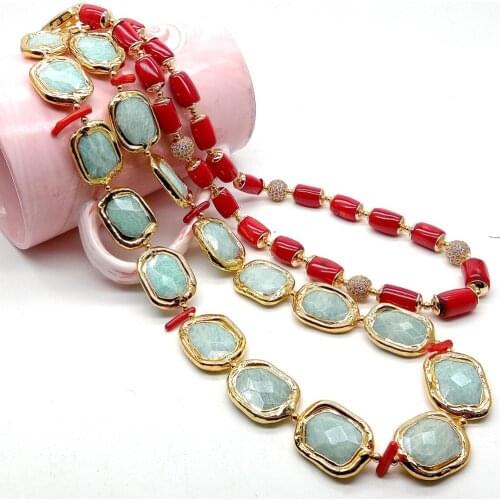 YYGEM 2 Strands Natural Green Amazonite Rectangle Red Coral Tube Gold Color Necklace Cubic Zirconia Pave Clasp 21"