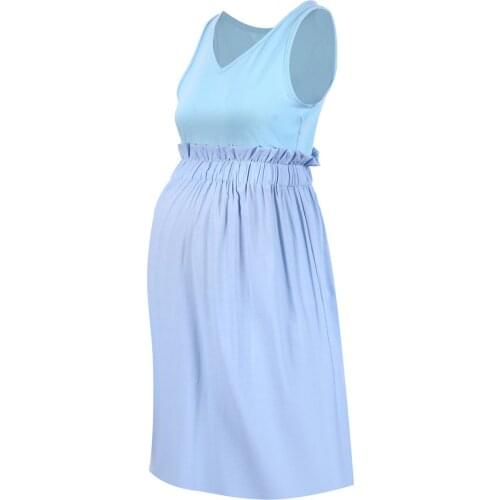 Maternity Women Dress Pregnancy Dresses Mama Clothes Sleeveless Pleated Waist Solid Stitched V-neck Maternity Dress Mama Clothes