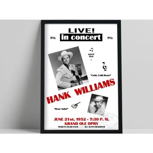Vintage Country Music Concert Poster, Hank Williams Fans Collection Black White Red Canvas Painting, Nostalgic Singer Home Decor