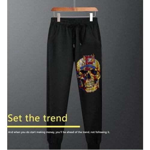 Rhinestones europe design Skull cotton pants Men Fashion Streetwear long pant Slim hot sale trousers