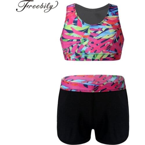 Girls Sleeveless Cutouts Racer Back 3D Digital Printed Crop Top with Boy-cut Shorts Kids Running Sets Gym Workout Sports Suit