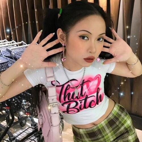 90s Streetwear O-neck Short Sleeve T-shirts Y2K Fashion Letter Print Cute Baby Tees Summer E-girl White Crop kawaii Slim Tops