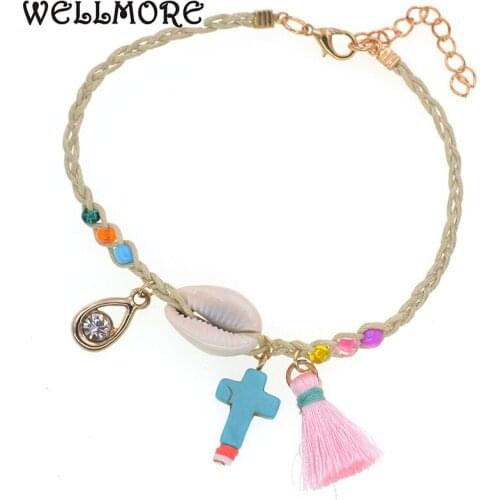 WELLMORE Anklets for women handmade shell Bohemia corss Anklet bracelets summer Beach Party Foot Jewelry drop shipping wholesale