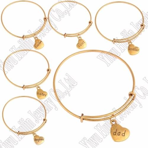 Aunt Dad Grandpa Son Daughter Brother Sister 2D heart DIY charm with Expandable Bangle Bracelet love gifts Family Member Jewelry