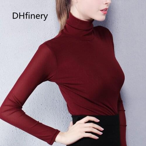 DHfinery Women t-shirt autumn winter Turtleneck double gauze t shirt long-sleeve slim Multicolor plus velvet tshirt sg23008
