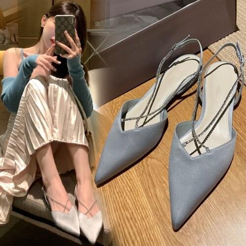 Womens shoes 2021 new style single shoes rhinestone chain decoration fashion pointed toe shoes Baotou flat sandals women