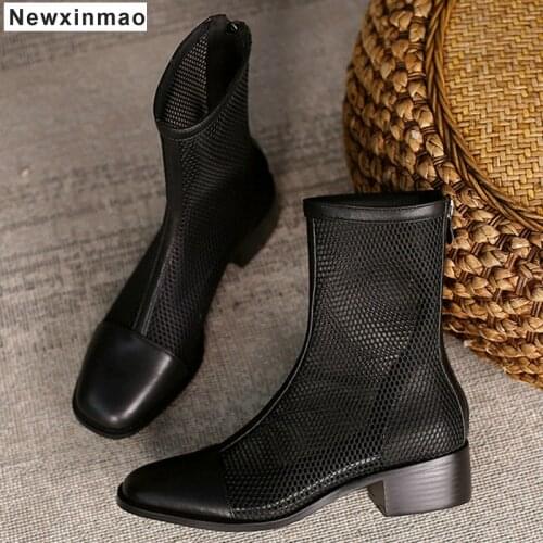 Round Toe Chunky Heels Women Summer Boots Genuine Leather Back Zipper Shoes Woman 2021 Spring Summer Party Ankle Boots