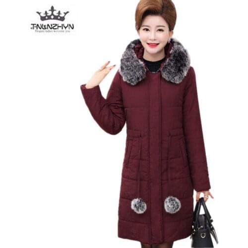 Middle-aged Winter Cotton Clothing New Women Hooded Fur collar Thick Down Jacket Coat High-quality Plus size Casual Jacket SK900
