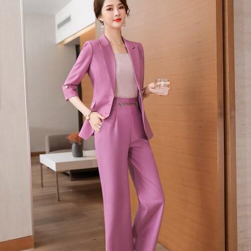 2021 Spring Elegant Womens Pants Suit Pink White Blazer +Trouser Bussiness Jacket Office Lady 2 Pieces Set Plus Size S-5XL