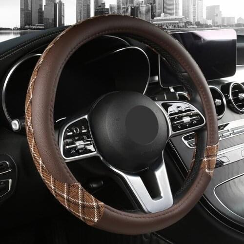 Car Steering Wheel Cover Fashion Plaid Leather with Classic Plaid for 38 Cm D Shape for LADA Hyundai Subaru Wrx KIA Accessories