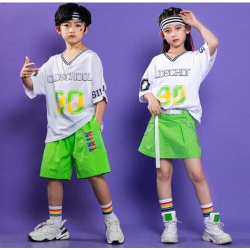 Kids Jazz Dance Costumes Hip Hop Show Outfits White TShirt Green Shorts Street Wear Dancing Boys Ballroom Modern Stage Clothes