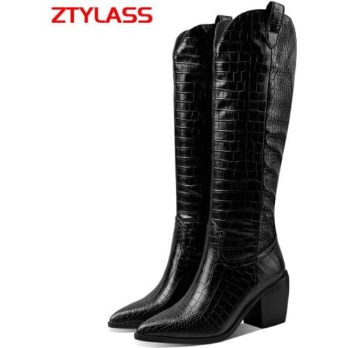 Faux Leather Knee High Boots Chunky Heel Women Western Boots Slip On Autumn Winter Fashion Women Boots Size 34-43 Black White