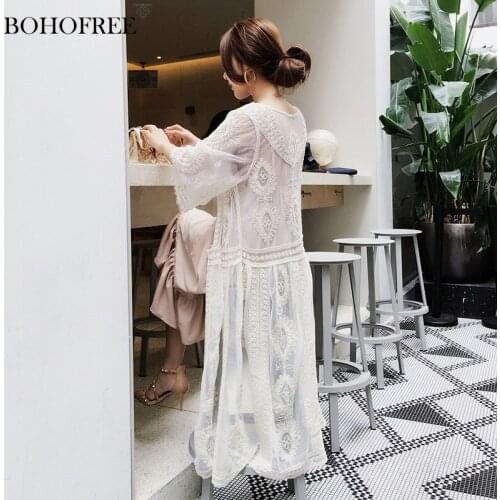 Sea Holiday Beach Style Lace Hook flower Cover-ups Solid Sun protection Sheer Women Long Open Stitch Kimono