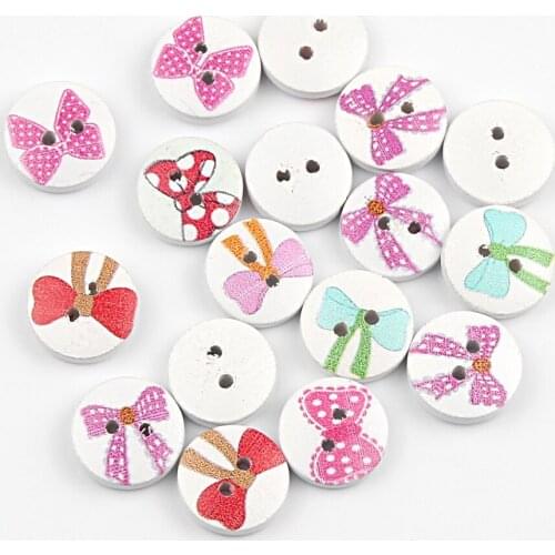50pcs Mix Bow-knot Painting 2 Hole Round Wooden Buttons For Clothing Scrapbooking Decoration Crafts Sewing Accessories Diy 15mm