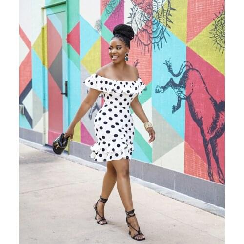 Summer Fashion Temperament Sexy Womens One-Word Printed Shoulder Ruffled Polka Dot Printed Dress Women