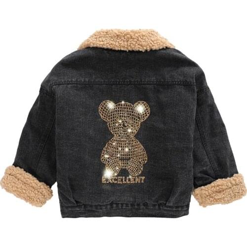 Girl solid color denim jacket Little girl bear decoration fashion jacket Girl Plus Velvet Warm Jacket Girl cold jacket