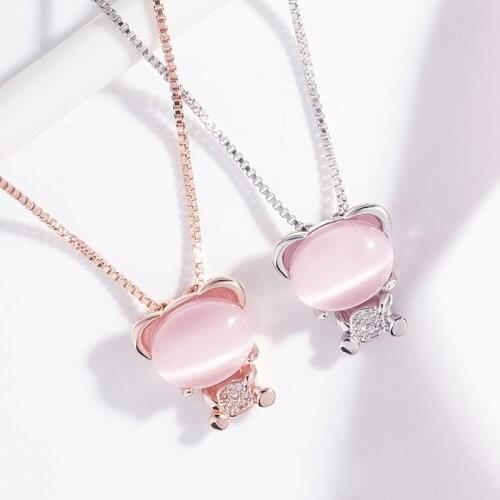 Natural Pink Jade Agate Cute Bear Pendant 925 Silver Necklace Fashion Charm Jewelry Amulet Gifts for Women Her