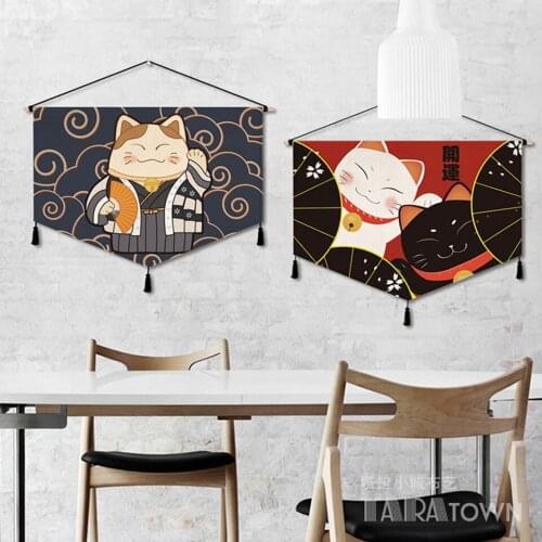 Hanging Cloth Japanese Lucky Cat Hanging Picture Sushi Restaurant Homestay Decoration Cloth Bedroom Background Wall Mural65x45cm