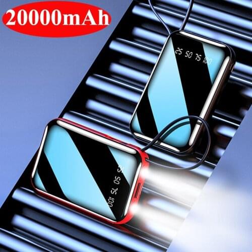 20000mAh Portable Mini Power Bank Mirror Screen Powerbank External Battery Pack Poverbank Built in 4 Cables for Phones Tablets