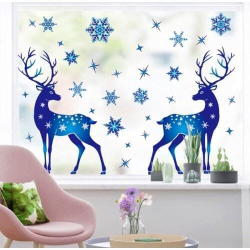 Christmas Snowflake Window Stcicker Blue Elk Wall Stickers Room Wall Decals Christmas Decorations for Home New Year 2021