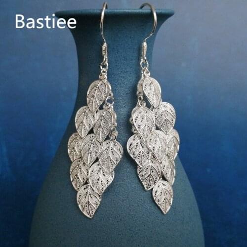 Bastiee 999 Sterling Silver Big Leaf Dangle Earrings For Women Drop Earring Handmade Jewelry Luxury Gifts Hmong Miao Silver