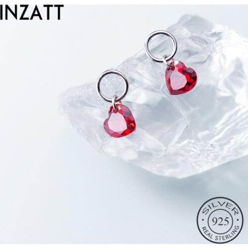 INZATT Real 925 Sterling Silver Red Crystal Heart Romantic Drop Earrings For Women Wedding Party Cute Fine Jewelry Accessories