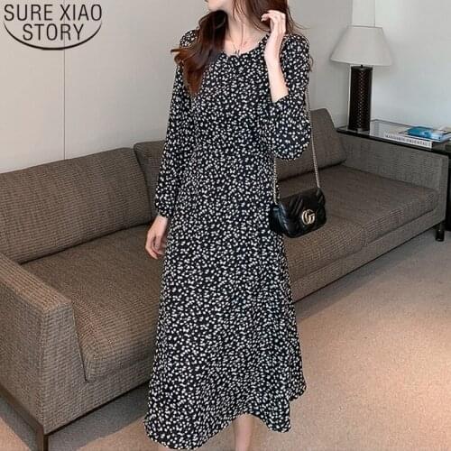 2021 Spring Autumn New O-Neck Lace-Up Long Sleeve Chiffon Dress Office Lady Vintage Floral Dresses Women Vestido Feminino 17159