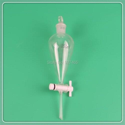 Glass Pyriform Separatory Funnel, 250ml, PTFE Stopcock, Pear Shape, with standard ground joint 24/29 NS