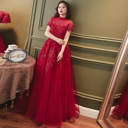 Evening Dress Backless Short Sleeves Pleat Floor-Length Sequins Embroidery A-Line High Neck Plus Size Women Formal Gowns D895