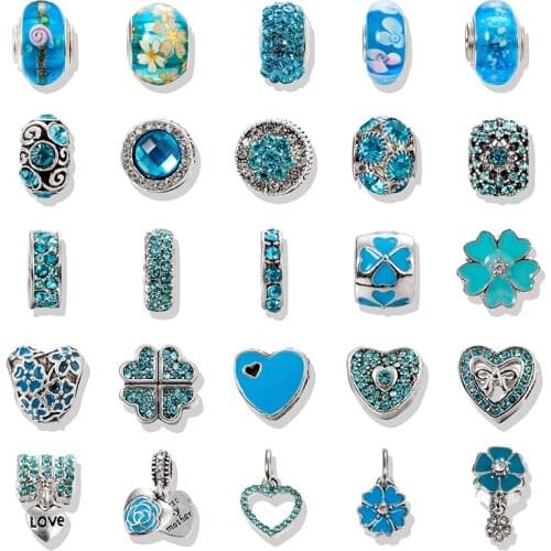 VIOVIA Mix 25Pc/Lot Cute Silver Color Blue Crystal Charm Bead Fit Original Pan Bracelet Pendant Women Diy Jewelry SET160904