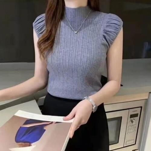 Womens T Shirt Fashion Sexy Slim Solid Bottoming crop Tops Casual Half Turtleneck Knitted Sleeveless T-Shirts green tops women