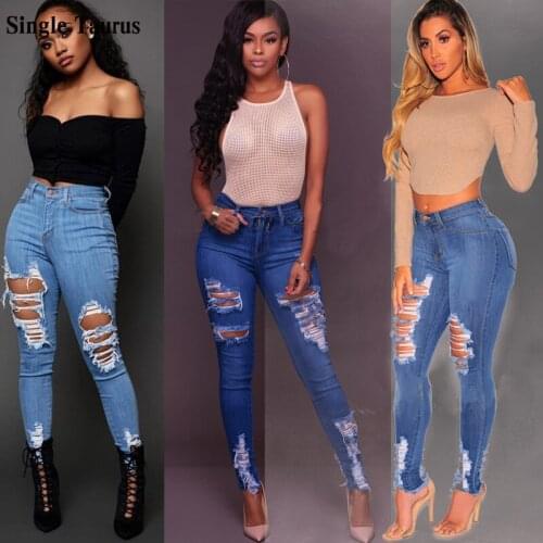 2020 Fall Female Jeans High Waist Streetwear Skinny Tight Slim Push Up Denim Blue Pants Women Hole Casual Cowboy Distressed Jean