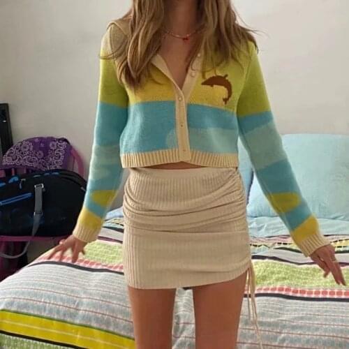 Women Spread Collar Knitted Dolphin Crop Cardigan