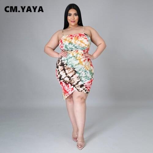 CM.YAYA Plus Size Dress Print Sleeveless Strap Slash Neck Stacked Stretchy Bodycon Skinny Dresses Sexy Fashion Vestidos Summer