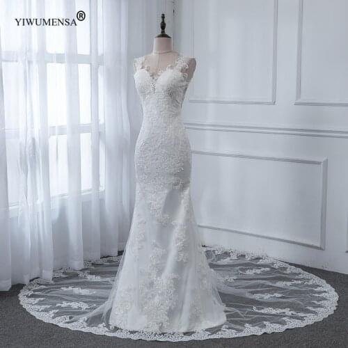 A47 V Neck Sexy Mermaid Wedding Dress With 50cm Long Train Lace Appliques Cap Sleeves White Bridal Gown Open Back Robe de Mariee