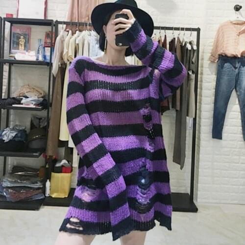 2021 Spring Autumn Women Fashion Sweater Dress Stylish Striped Hole Hollow Out Knitted Pullover Chic Casual Oversize Knitwear