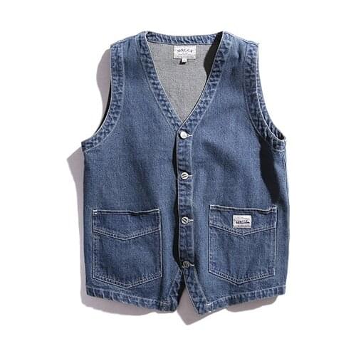 Retro Amekaji Japanese Tooling Vest Mens Vintage Casual Blue Denim Suit Waistcoat Spring Autumn Sleeveless Jacket For Men
