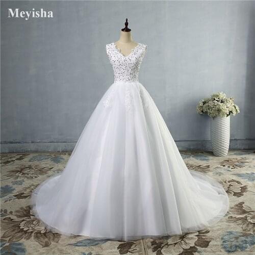 ZJ9064-S 2020 White Ivory Gown Tulle Beads Crystal Beads V Neck Wedding Dresses Brush Sweep Train for bride Dress plus size