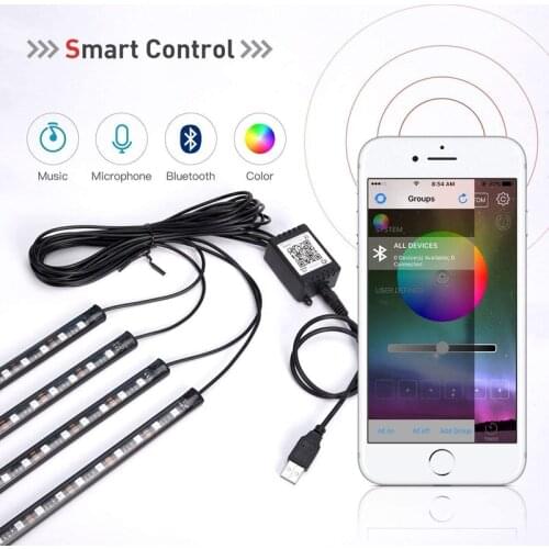 4pcs 48 LEDS RGB LED Strip Light For Car Atmosphere Light APP Music Control DC 12V 5050SMD RGB Car Decorative Light Strip