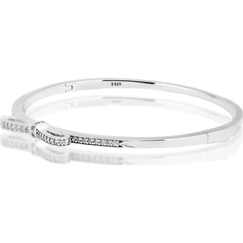 Sparkling Bow Clear CZ Bangle Silver Bracelets For Woman DIY Beads & Charms Authentic Sterling Silver Fashion Jewelry Bracelets